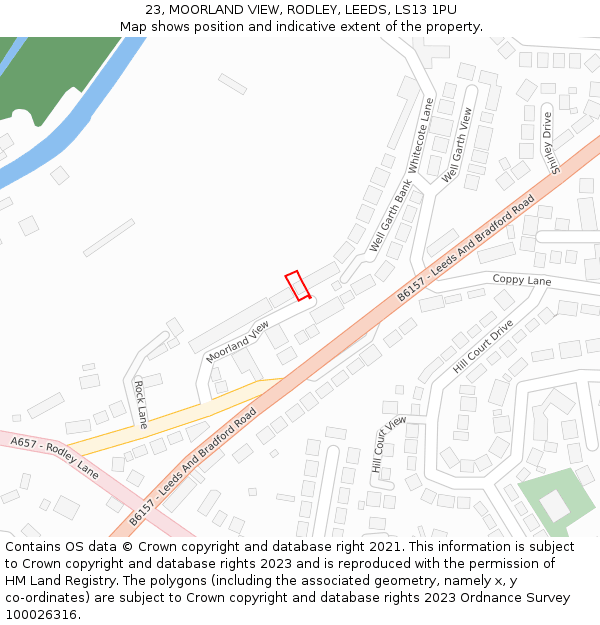 23, MOORLAND VIEW, RODLEY, LEEDS, LS13 1PU: Location map and indicative extent of plot