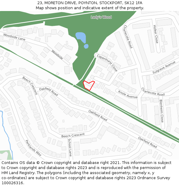 23, MORETON DRIVE, POYNTON, STOCKPORT, SK12 1FA: Location map and indicative extent of plot
