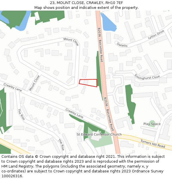 23, MOUNT CLOSE, CRAWLEY, RH10 7EF: Location map and indicative extent of plot