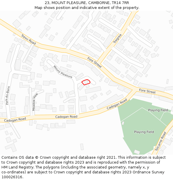 23, MOUNT PLEASURE, CAMBORNE, TR14 7RR: Location map and indicative extent of plot