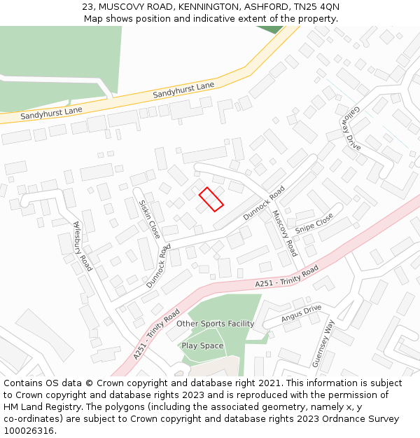 23, MUSCOVY ROAD, KENNINGTON, ASHFORD, TN25 4QN: Location map and indicative extent of plot