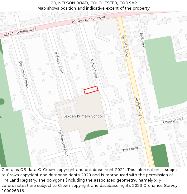 23, NELSON ROAD, COLCHESTER, CO3 9AP: Location map and indicative extent of plot