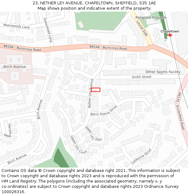 23, NETHER LEY AVENUE, CHAPELTOWN, SHEFFIELD, S35 1AE: Location map and indicative extent of plot