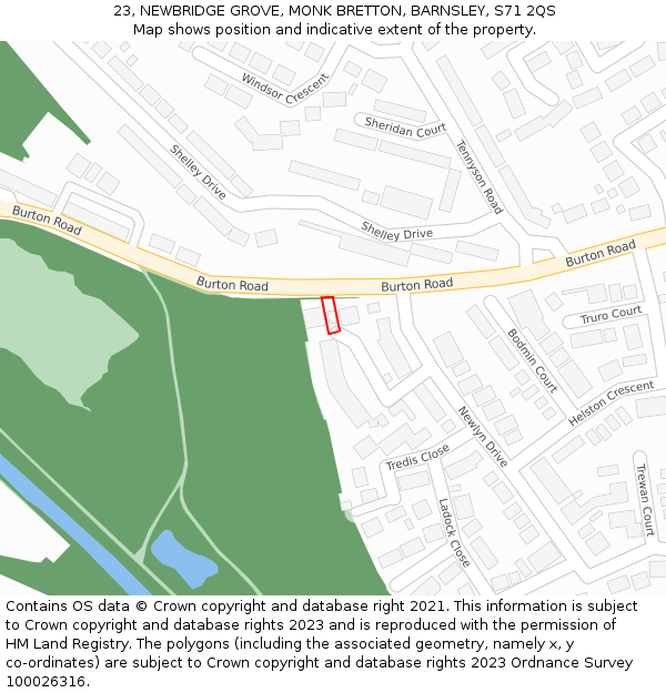 23, NEWBRIDGE GROVE, MONK BRETTON, BARNSLEY, S71 2QS: Location map and indicative extent of plot