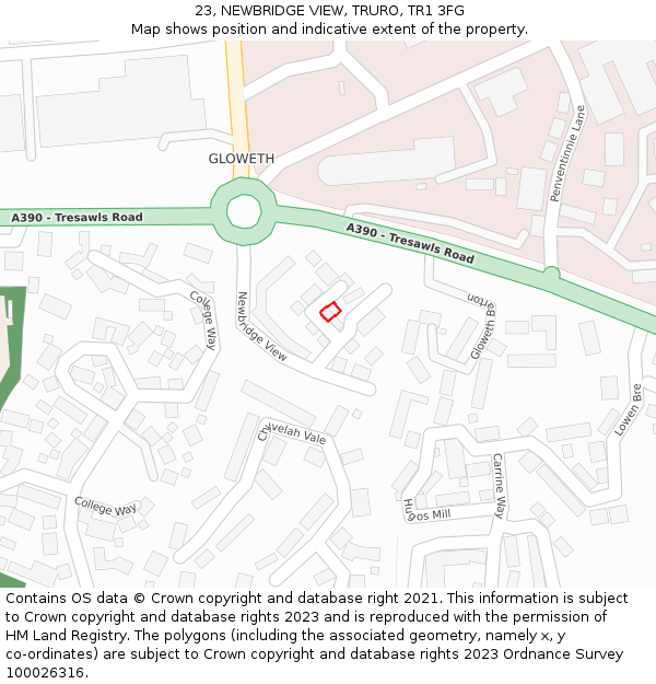 23, NEWBRIDGE VIEW, TRURO, TR1 3FG: Location map and indicative extent of plot
