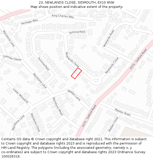23, NEWLANDS CLOSE, SIDMOUTH, EX10 9NW: Location map and indicative extent of plot