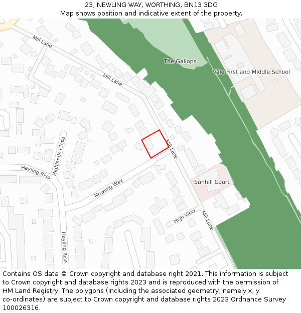 23, NEWLING WAY, WORTHING, BN13 3DG: Location map and indicative extent of plot