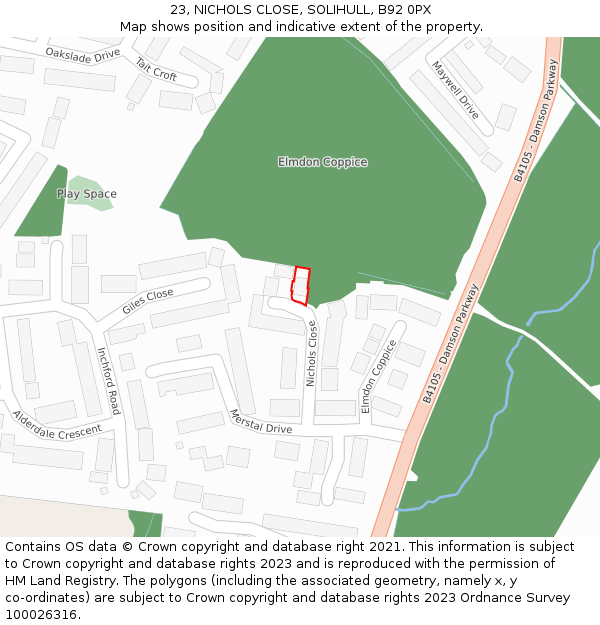 23, NICHOLS CLOSE, SOLIHULL, B92 0PX: Location map and indicative extent of plot