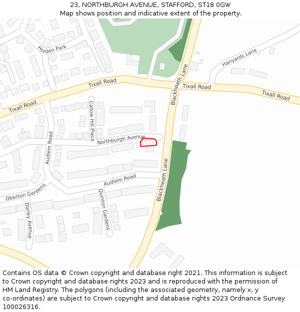 23, NORTHBURGH AVENUE, STAFFORD, ST18 0GW: Location map and indicative extent of plot