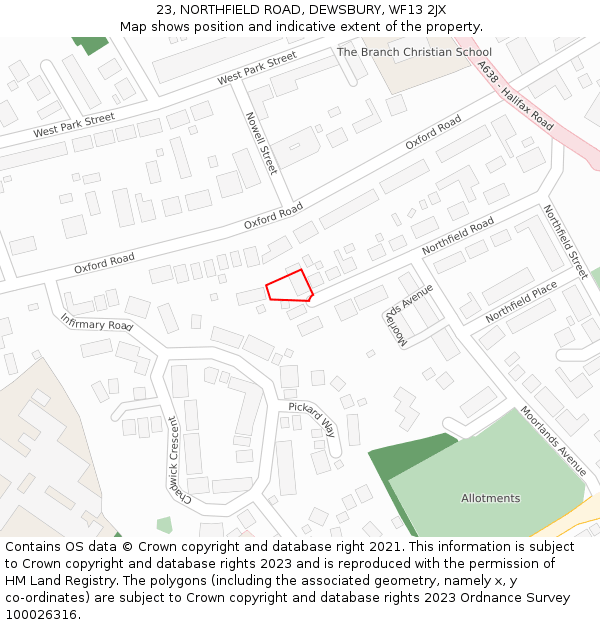 23, NORTHFIELD ROAD, DEWSBURY, WF13 2JX: Location map and indicative extent of plot