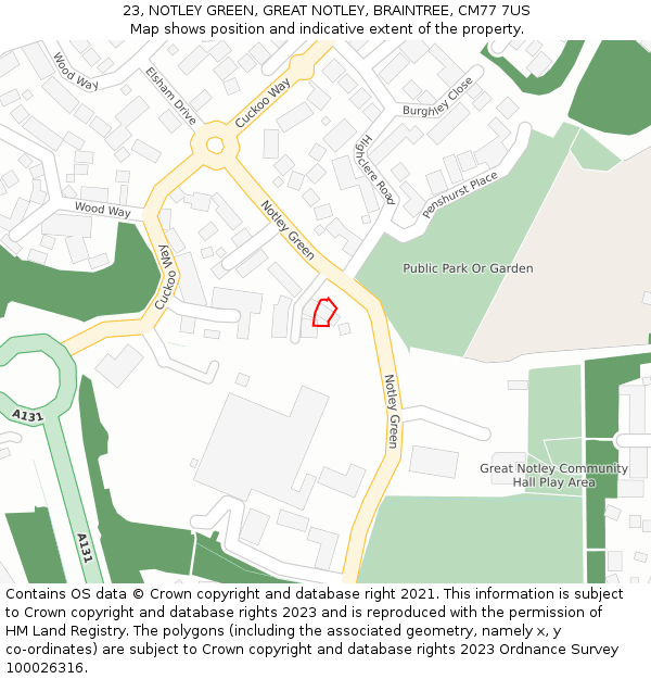 23, NOTLEY GREEN, GREAT NOTLEY, BRAINTREE, CM77 7US: Location map and indicative extent of plot