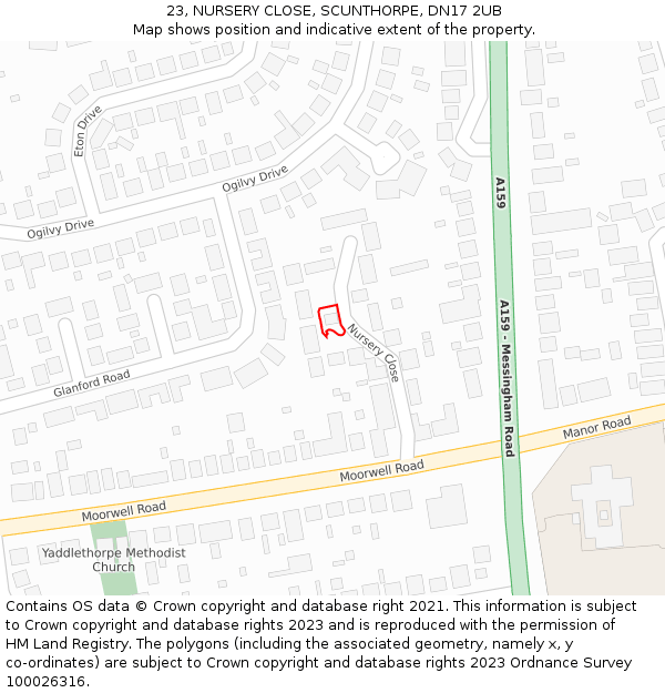 23, NURSERY CLOSE, SCUNTHORPE, DN17 2UB: Location map and indicative extent of plot
