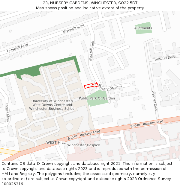 23, NURSERY GARDENS, WINCHESTER, SO22 5DT: Location map and indicative extent of plot