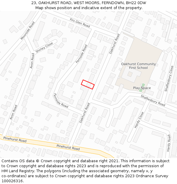 23, OAKHURST ROAD, WEST MOORS, FERNDOWN, BH22 0DW: Location map and indicative extent of plot