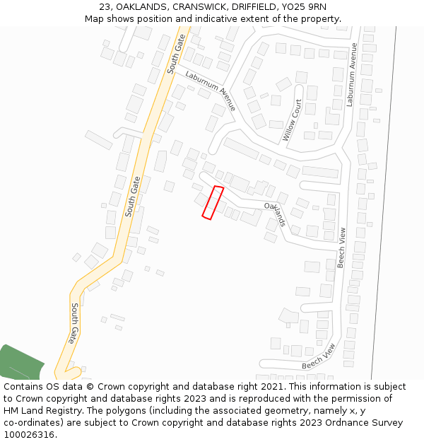 23, OAKLANDS, CRANSWICK, DRIFFIELD, YO25 9RN: Location map and indicative extent of plot