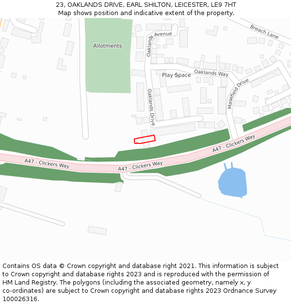 23, OAKLANDS DRIVE, EARL SHILTON, LEICESTER, LE9 7HT: Location map and indicative extent of plot