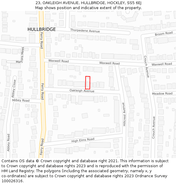 23, OAKLEIGH AVENUE, HULLBRIDGE, HOCKLEY, SS5 6EJ: Location map and indicative extent of plot
