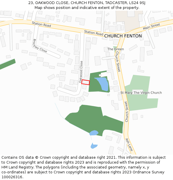 23, OAKWOOD CLOSE, CHURCH FENTON, TADCASTER, LS24 9SJ: Location map and indicative extent of plot