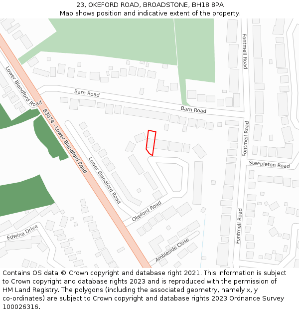 23, OKEFORD ROAD, BROADSTONE, BH18 8PA: Location map and indicative extent of plot