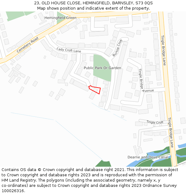 23, OLD HOUSE CLOSE, HEMINGFIELD, BARNSLEY, S73 0QS: Location map and indicative extent of plot