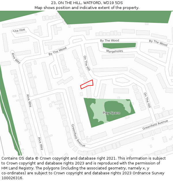 23, ON THE HILL, WATFORD, WD19 5DS: Location map and indicative extent of plot