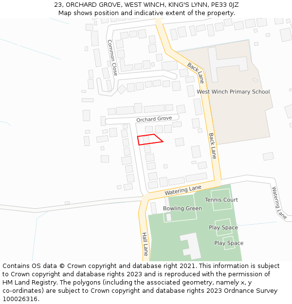 23, ORCHARD GROVE, WEST WINCH, KING'S LYNN, PE33 0JZ: Location map and indicative extent of plot