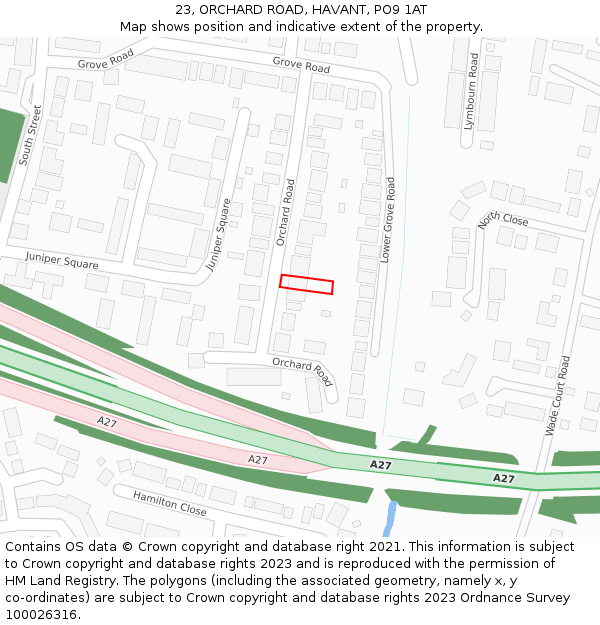 23, ORCHARD ROAD, HAVANT, PO9 1AT: Location map and indicative extent of plot