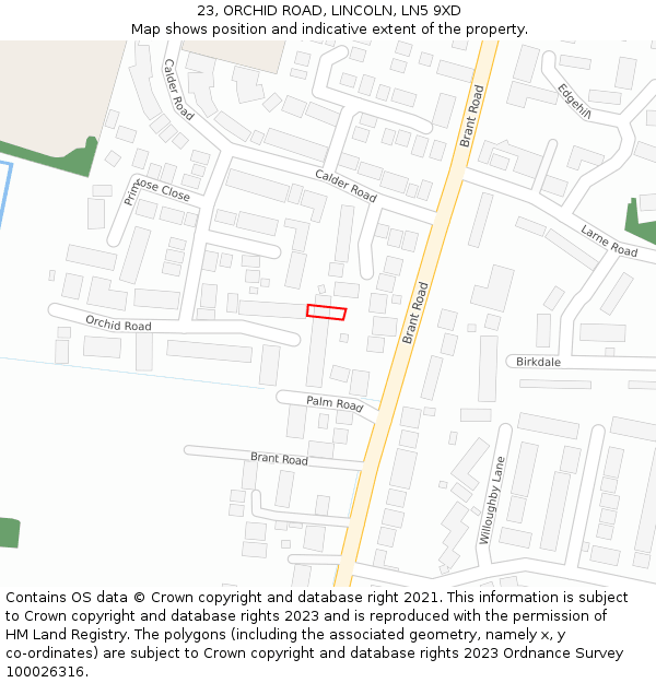 23, ORCHID ROAD, LINCOLN, LN5 9XD: Location map and indicative extent of plot