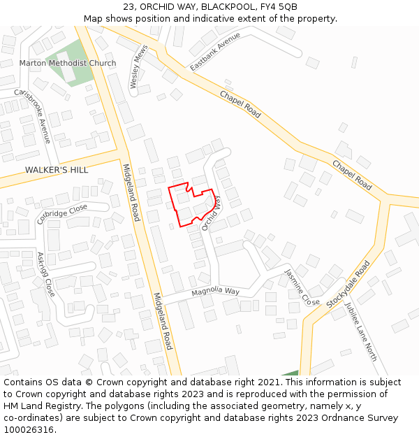 23, ORCHID WAY, BLACKPOOL, FY4 5QB: Location map and indicative extent of plot