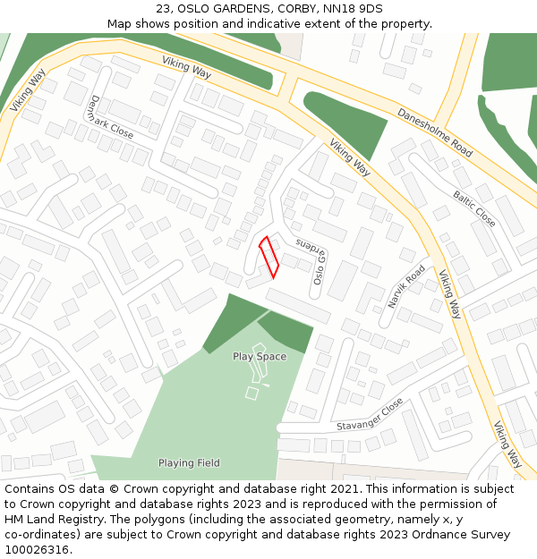 23, OSLO GARDENS, CORBY, NN18 9DS: Location map and indicative extent of plot