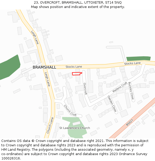 23, OVERCROFT, BRAMSHALL, UTTOXETER, ST14 5NQ: Location map and indicative extent of plot