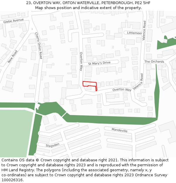 23, OVERTON WAY, ORTON WATERVILLE, PETERBOROUGH, PE2 5HF: Location map and indicative extent of plot