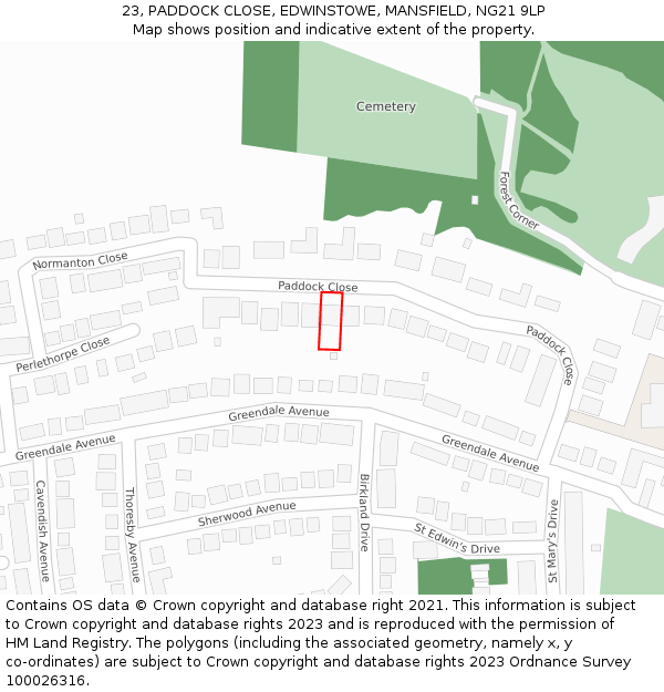 23, PADDOCK CLOSE, EDWINSTOWE, MANSFIELD, NG21 9LP: Location map and indicative extent of plot
