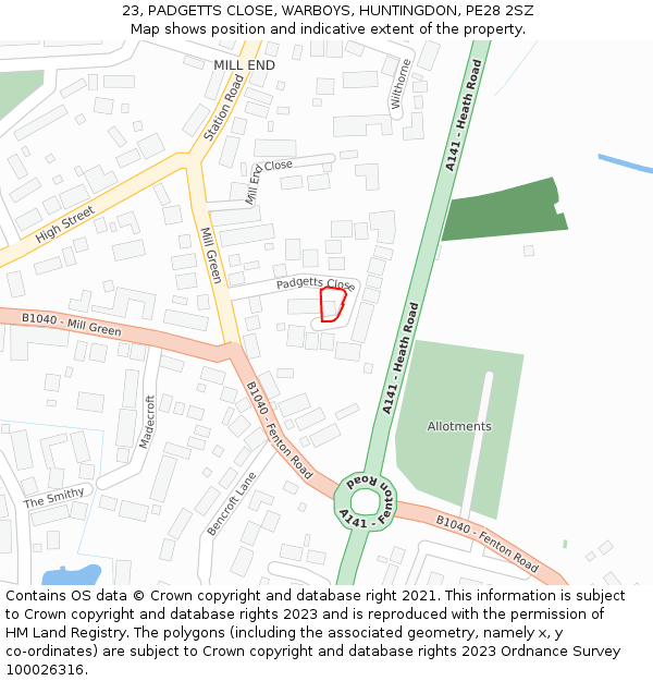 23, PADGETTS CLOSE, WARBOYS, HUNTINGDON, PE28 2SZ: Location map and indicative extent of plot