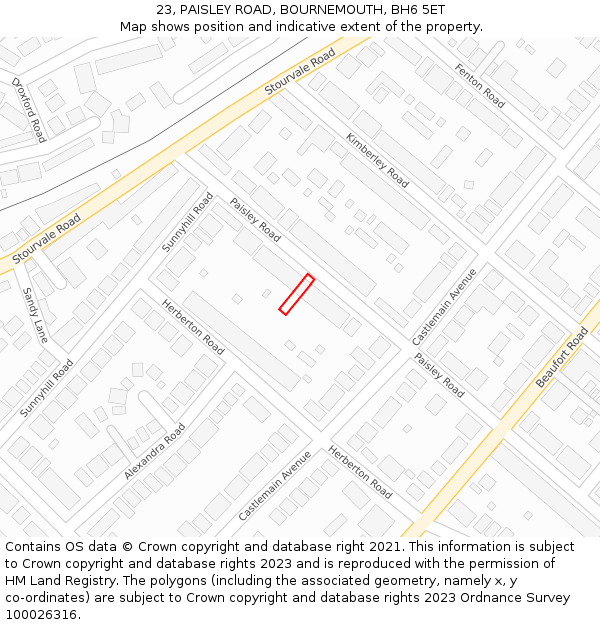 23, PAISLEY ROAD, BOURNEMOUTH, BH6 5ET: Location map and indicative extent of plot