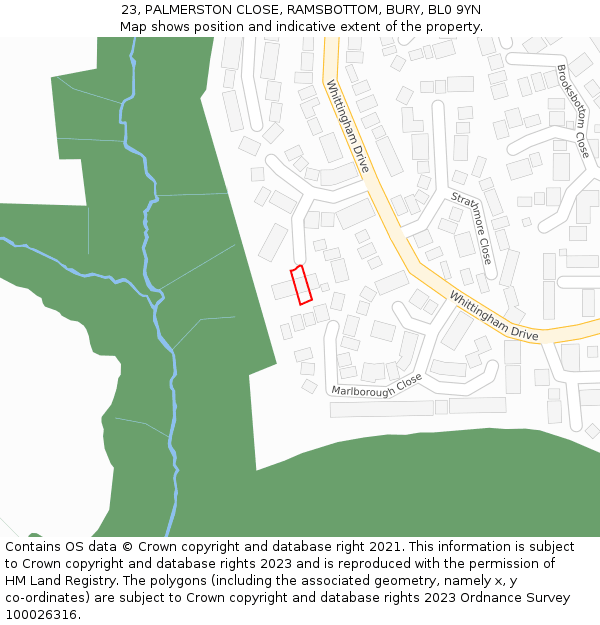 23, PALMERSTON CLOSE, RAMSBOTTOM, BURY, BL0 9YN: Location map and indicative extent of plot