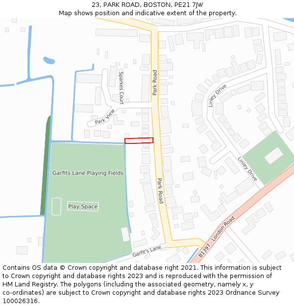 23, PARK ROAD, BOSTON, PE21 7JW: Location map and indicative extent of plot