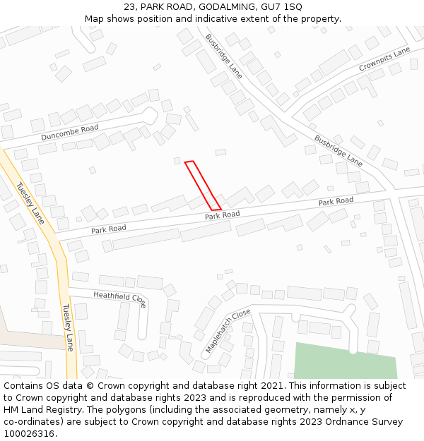 23, PARK ROAD, GODALMING, GU7 1SQ: Location map and indicative extent of plot