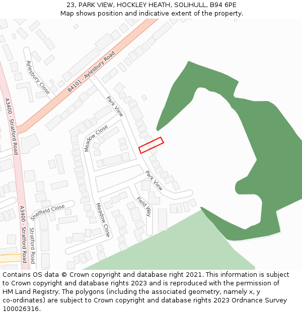 23, PARK VIEW, HOCKLEY HEATH, SOLIHULL, B94 6PE: Location map and indicative extent of plot