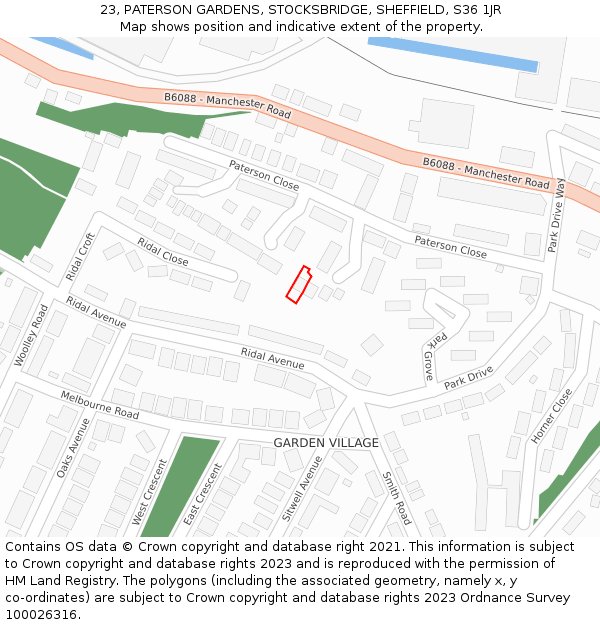 23, PATERSON GARDENS, STOCKSBRIDGE, SHEFFIELD, S36 1JR: Location map and indicative extent of plot