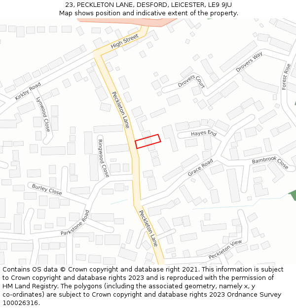 23, PECKLETON LANE, DESFORD, LEICESTER, LE9 9JU: Location map and indicative extent of plot