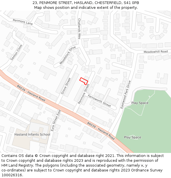 23, PENMORE STREET, HASLAND, CHESTERFIELD, S41 0PB: Location map and indicative extent of plot