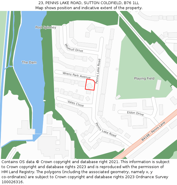 23, PENNS LAKE ROAD, SUTTON COLDFIELD, B76 1LL: Location map and indicative extent of plot
