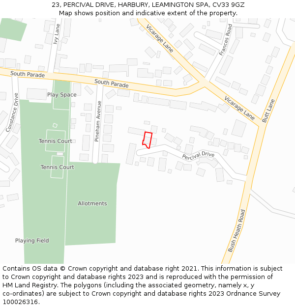 23, PERCIVAL DRIVE, HARBURY, LEAMINGTON SPA, CV33 9GZ: Location map and indicative extent of plot