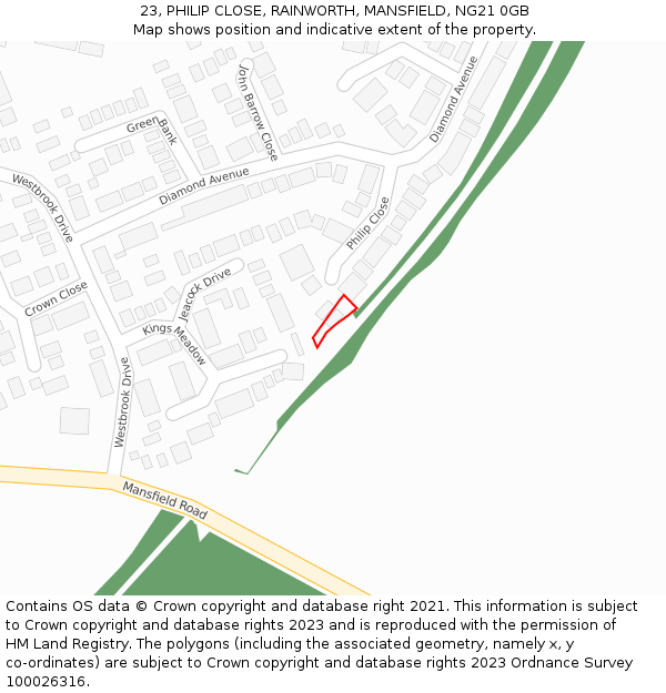 23, PHILIP CLOSE, RAINWORTH, MANSFIELD, NG21 0GB: Location map and indicative extent of plot