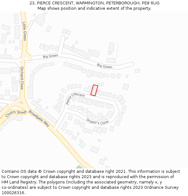 23, PIERCE CRESCENT, WARMINGTON, PETERBOROUGH, PE8 6UG: Location map and indicative extent of plot