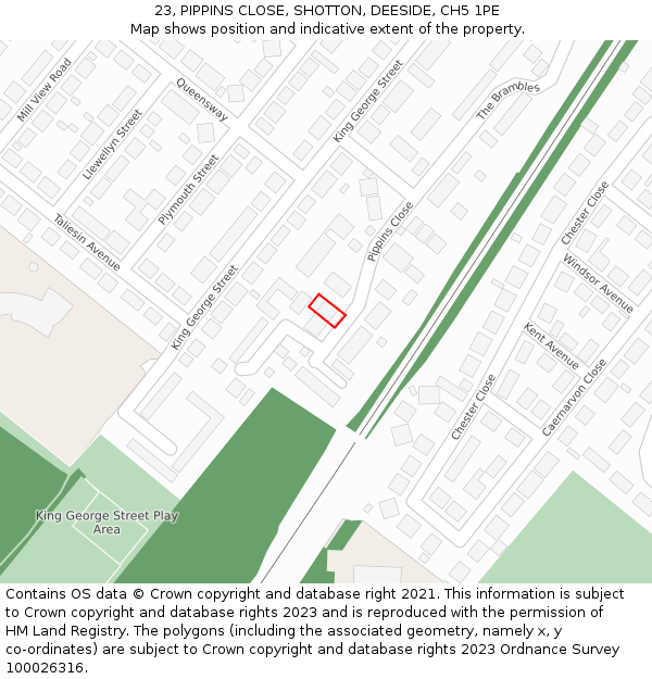 23, PIPPINS CLOSE, SHOTTON, DEESIDE, CH5 1PE: Location map and indicative extent of plot