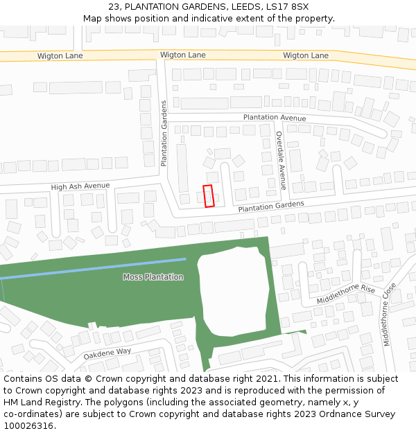 23, PLANTATION GARDENS, LEEDS, LS17 8SX: Location map and indicative extent of plot