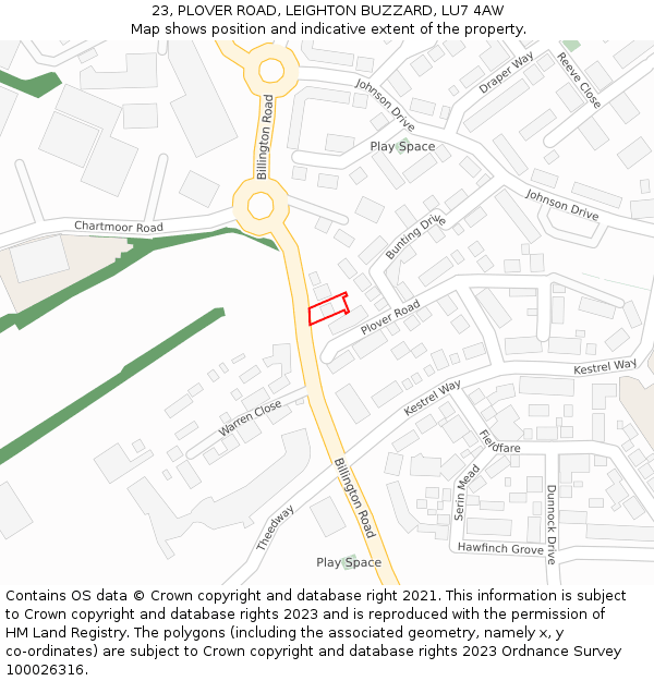 23, PLOVER ROAD, LEIGHTON BUZZARD, LU7 4AW: Location map and indicative extent of plot