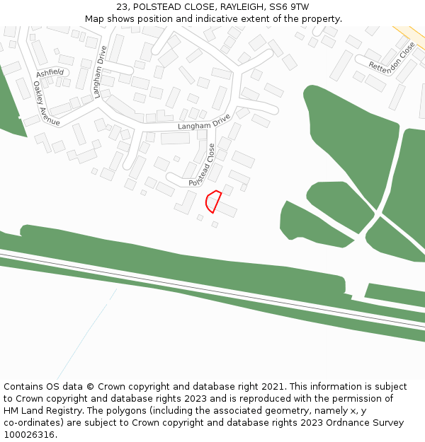 23, POLSTEAD CLOSE, RAYLEIGH, SS6 9TW: Location map and indicative extent of plot